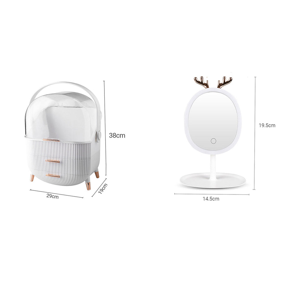 White Cosmetic Jewelry Storage Organiser with Antler LED Tabletop Mirror Set