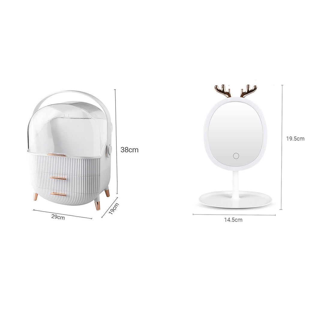White Cosmetic Jewelry Storage Organiser with Antler LED Tabletop Mirror Set