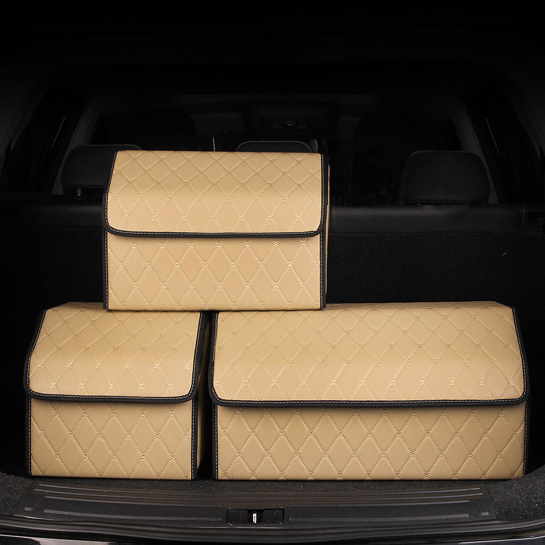 Leather Car Boot Foldable Trunk Cargo Organizer Box Beige/Gold Stitch Large