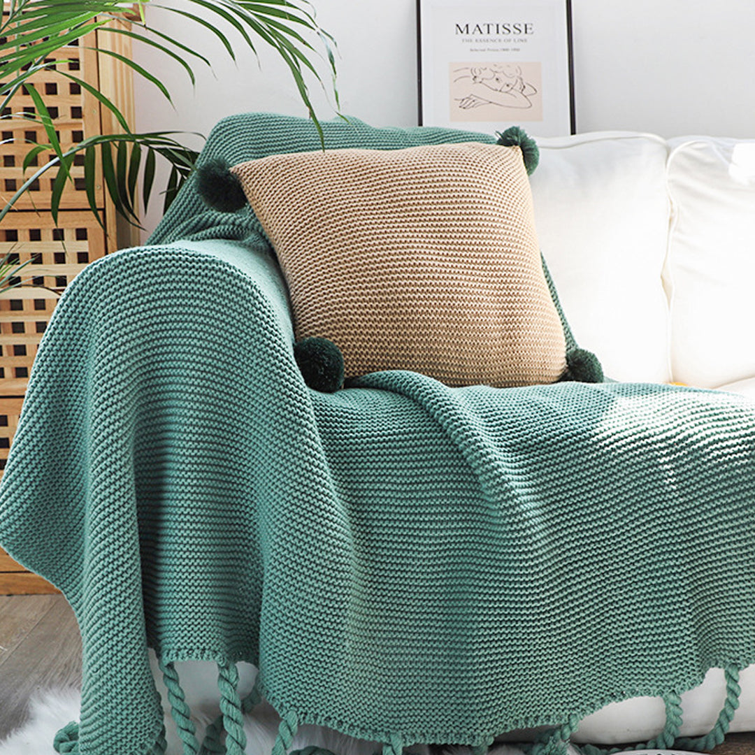 Green Tassel Fringe Knitted Throw Blanket