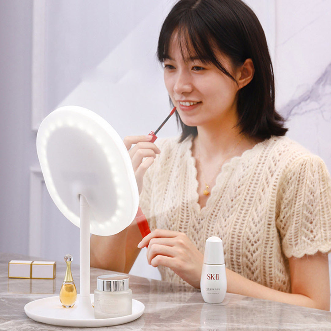 Transparent Cosmetic Storage Skincare Organiser with Pearls and White LED Light Tabletop Mirror Set
