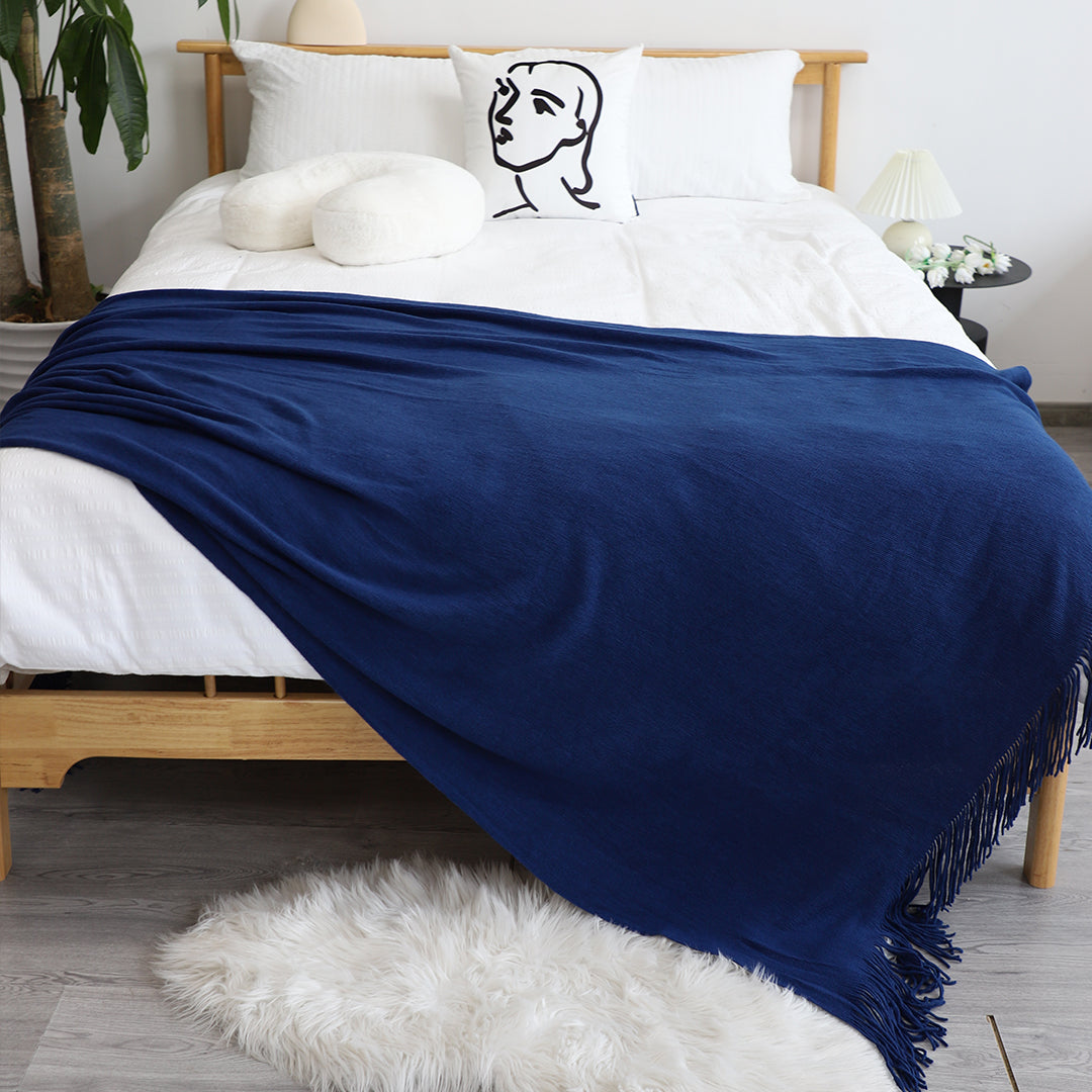 Royal Blue Acrylic Knitted Throw Blanket