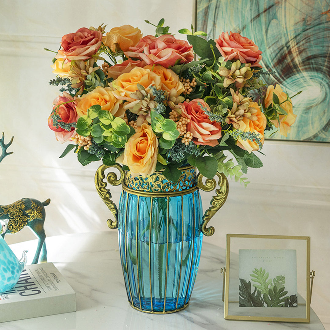Blue Glass Flower Vase with 4 Bunch 11 Heads Artificial Silk Rose Set