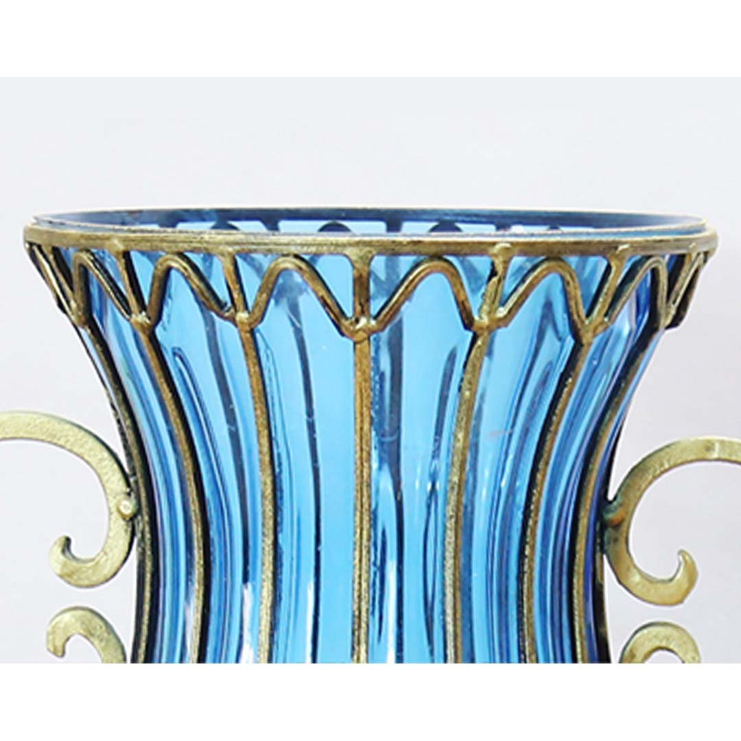 51cm Blue Glass Floor Vase with Metal Stand