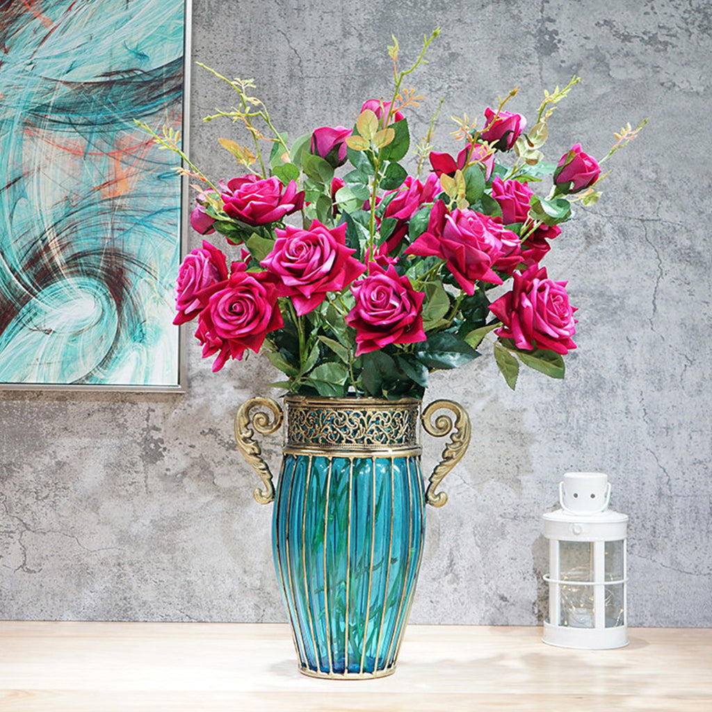 Blue Glass Flower Vase with 8 Bunch 5 Heads Artificial Silk Rose Set