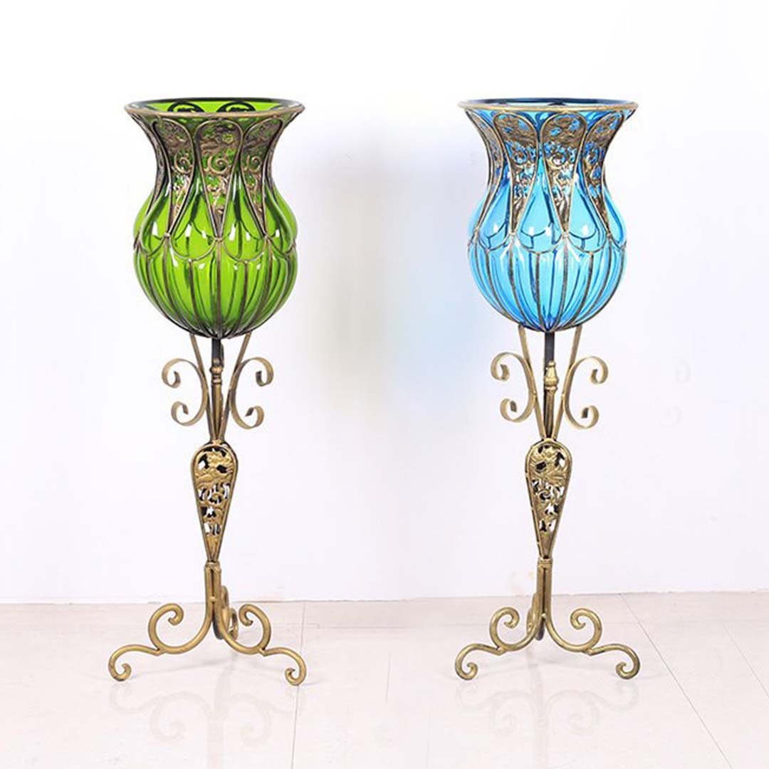 85cm Green Glass Floor Vase with Tall Metal Stand