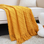 Yellow Diamond Pattern Knitted Throw Blanket