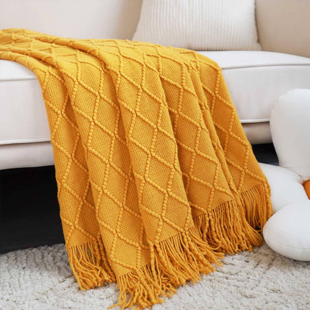 Yellow Diamond Pattern Knitted Throw Blanket
