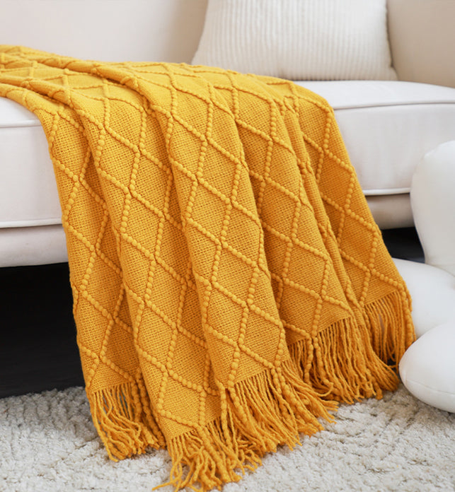 SOGA Yellow Diamond Pattern Knitted Throw Blanket Warm Cozy Woven Cover  Couch Bed Sofa Home Decor with Tassels