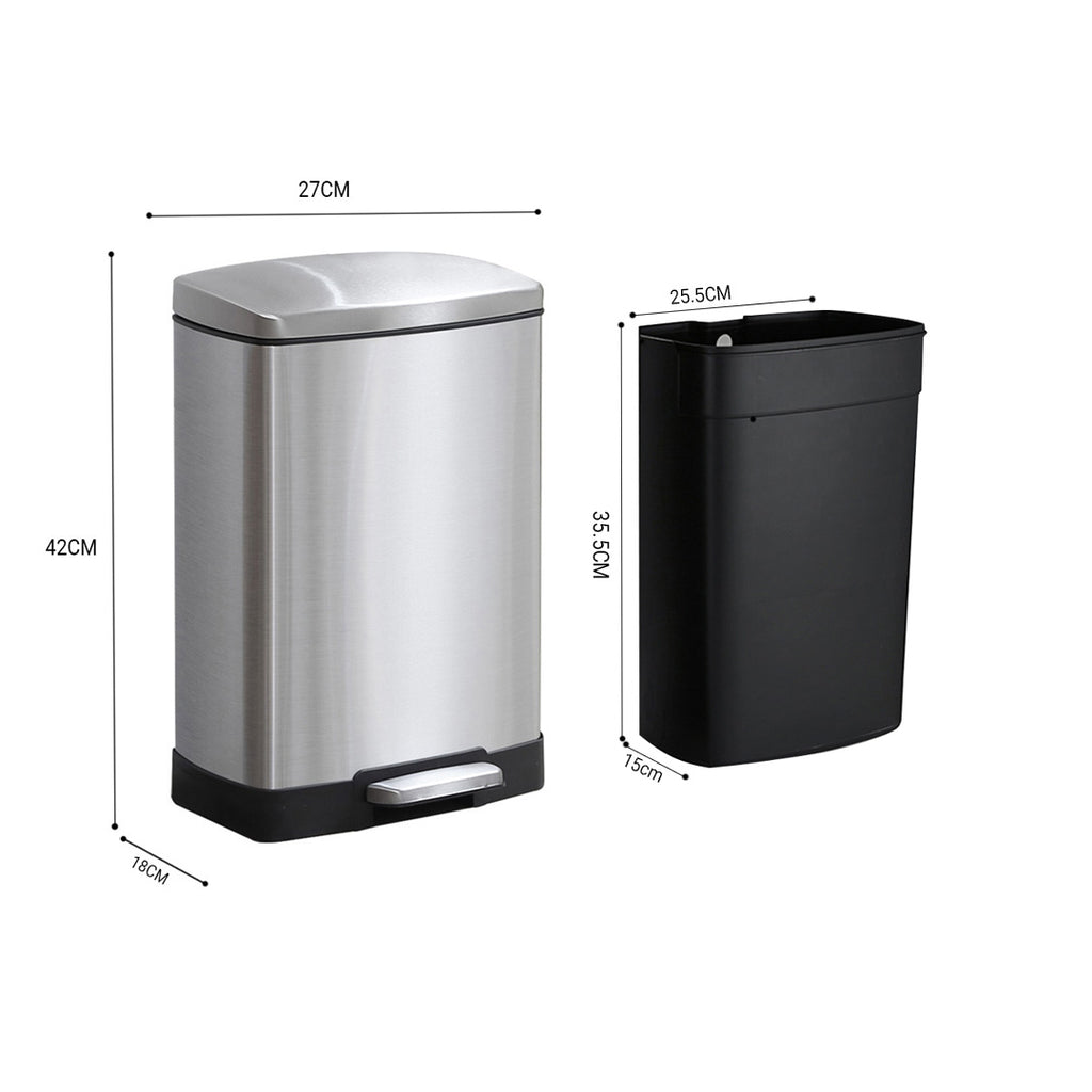 Rectangular 12L Stainless Steel Foot Pedal Recycling Bin for Garbage Silver
