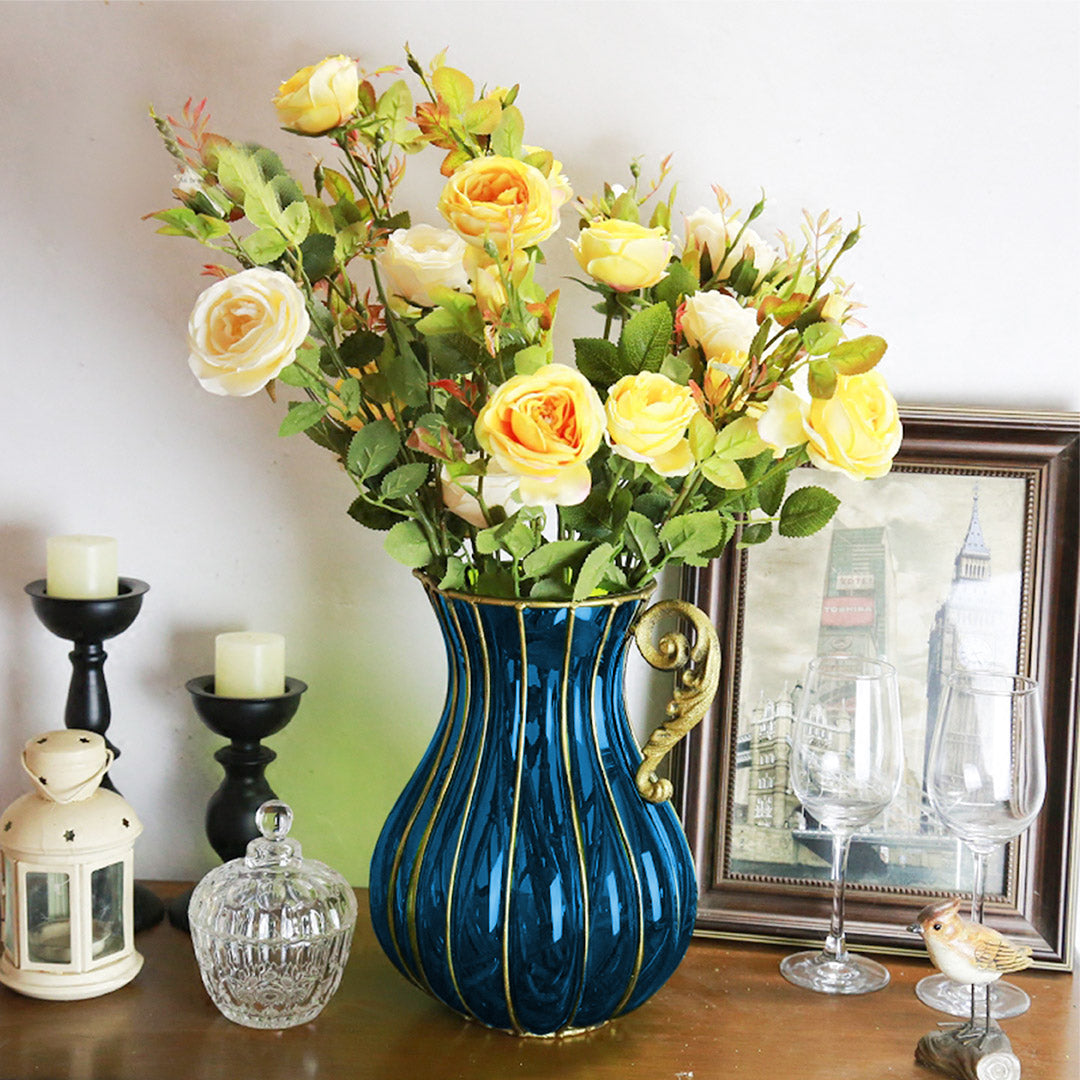 Blue European Glass Flower Vase with Metal Handle