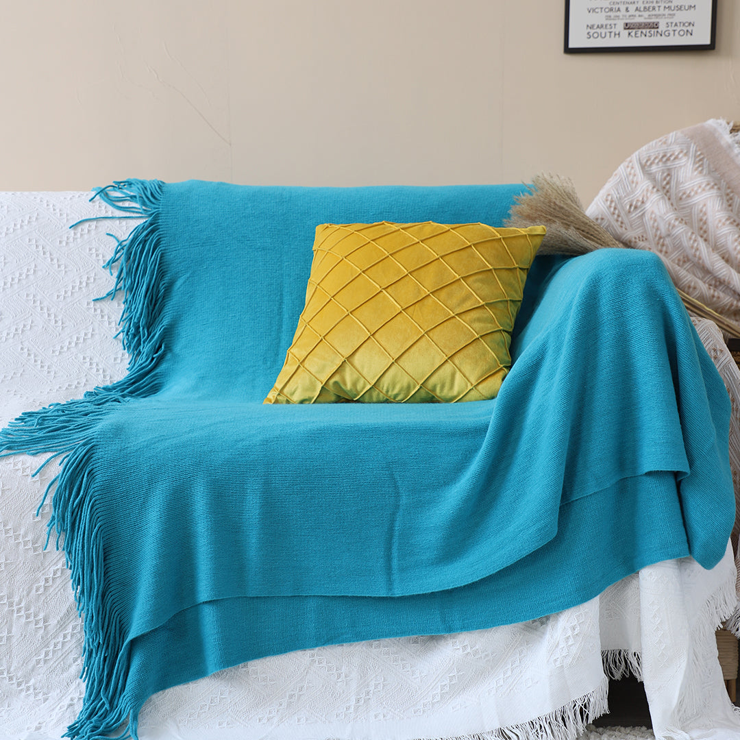Blue Acrylic Knitted Throw Blanket