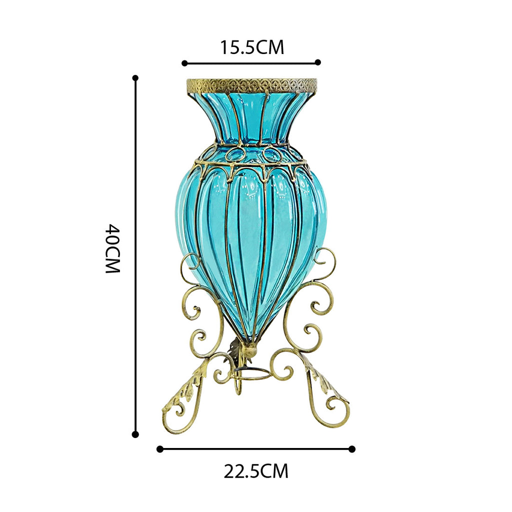 Blue European Glass Floor Flower Vase with Metal Stand