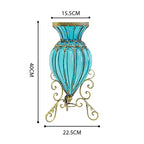 Blue European Glass Floor Flower Vase with Metal Stand