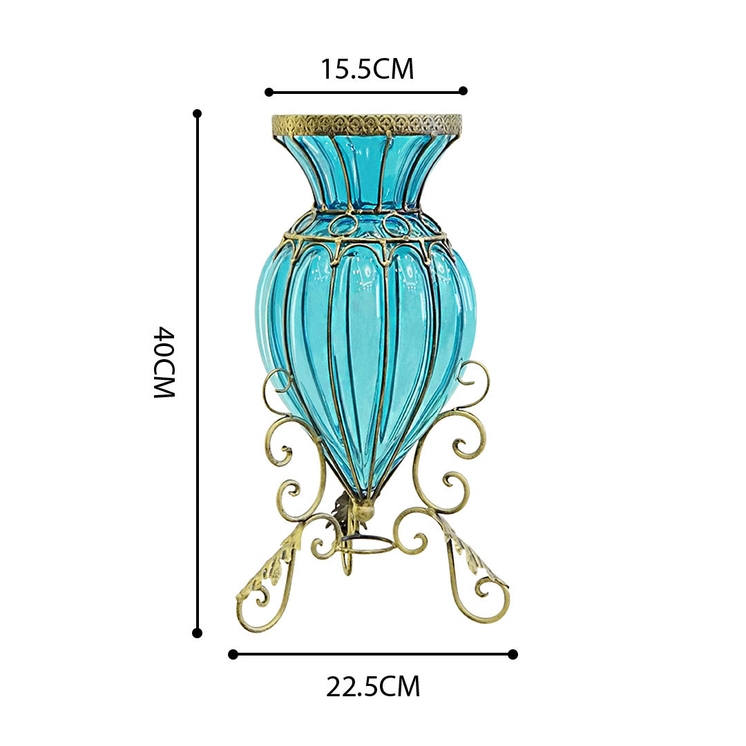 Blue European Glass Floor Flower Vase with Metal Stand