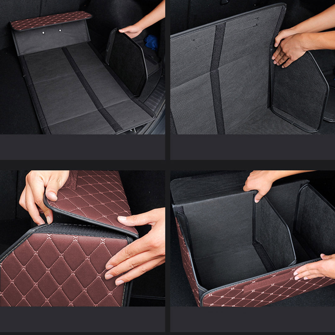 Leather Car Boot Foldable Trunk Cargo Organizer Box Coffee/Gold Stitch Small
