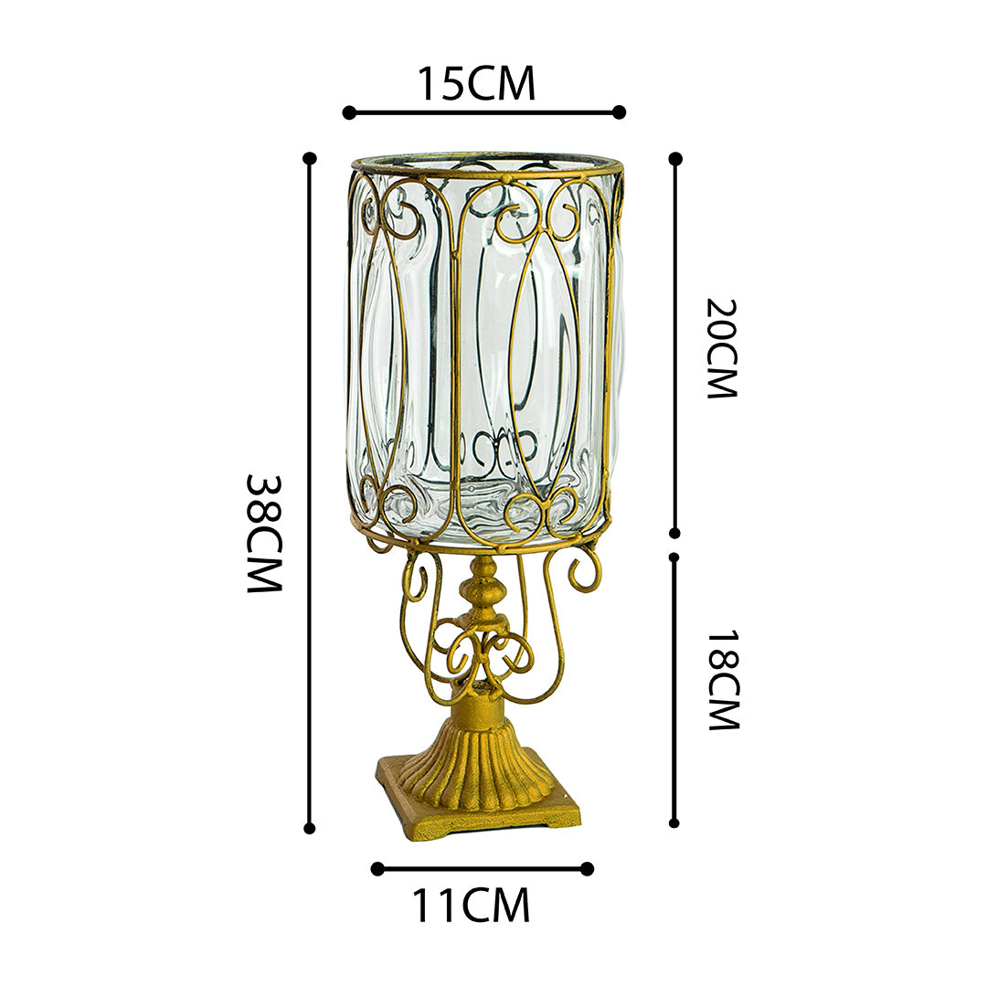 European Clear Glass Flower Vase with Gold Metal Pattern