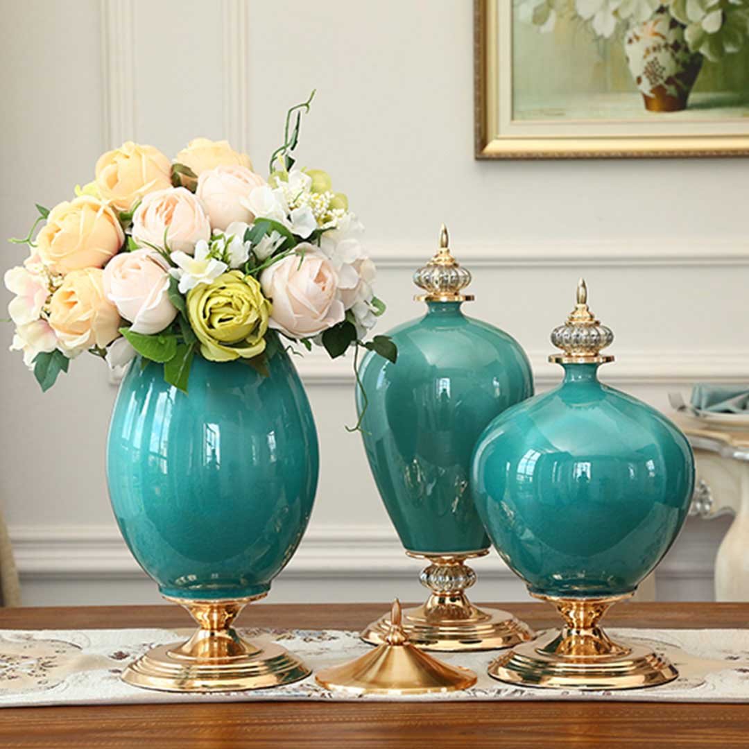 38cm Ceramic Vase with Gold Metal Base Green