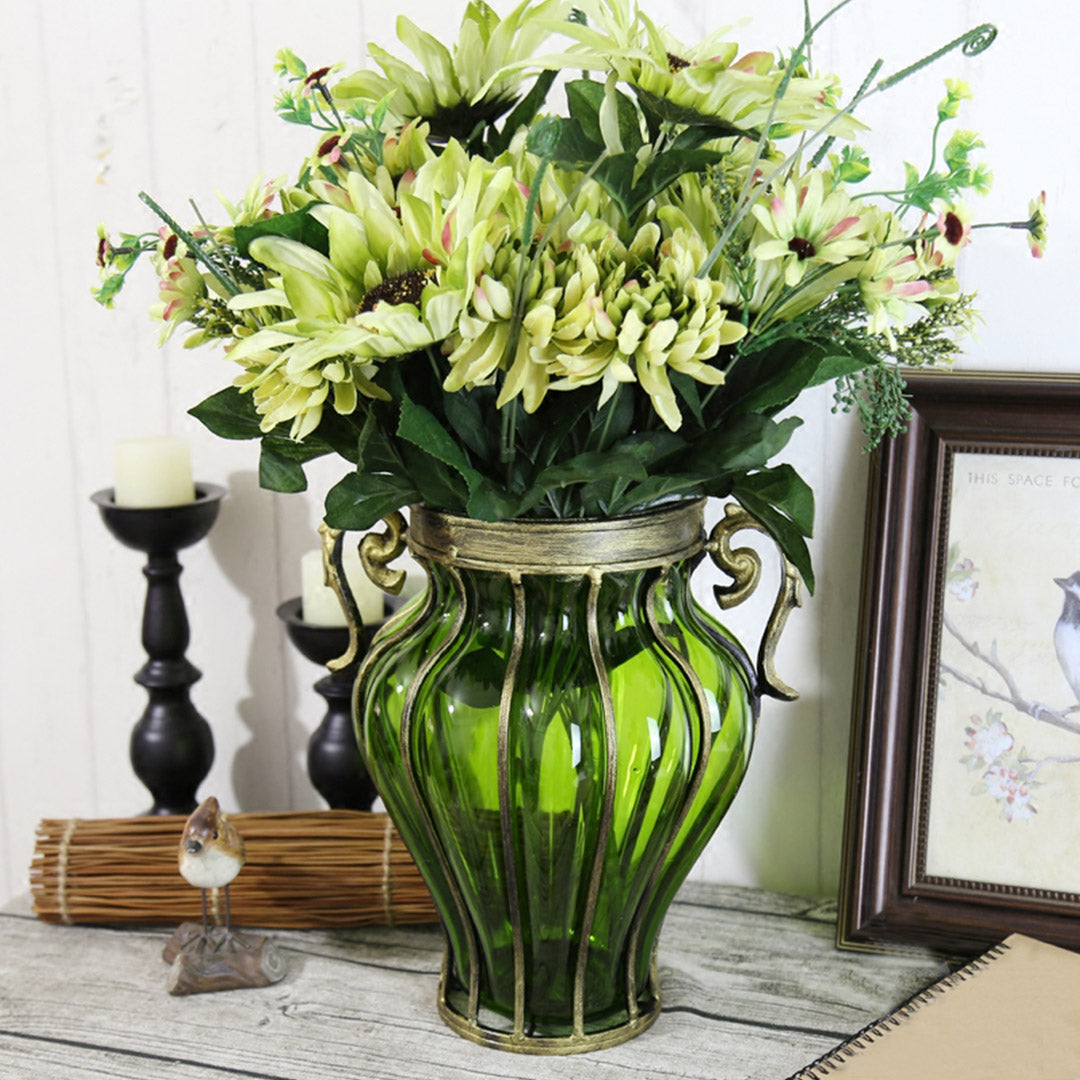 Green European Glass Flower Vase with Two Metal Handle