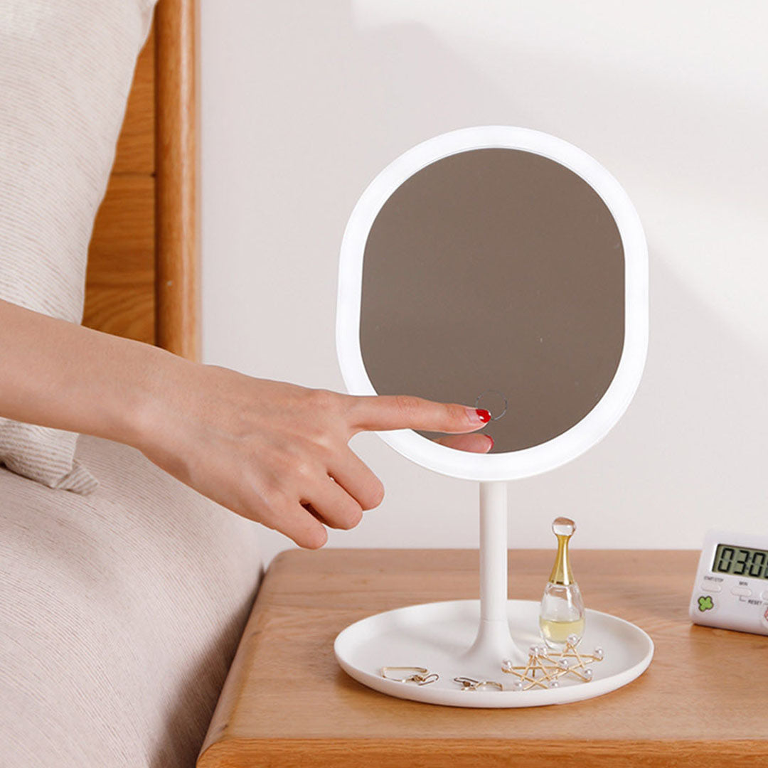 White 2 Tier Cosmetic Storage with Brush Lipstick Holder Organiser and LED Light Tabletop Mirror Set