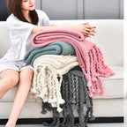 Green Tassel Fringe Knitted Throw Blanket