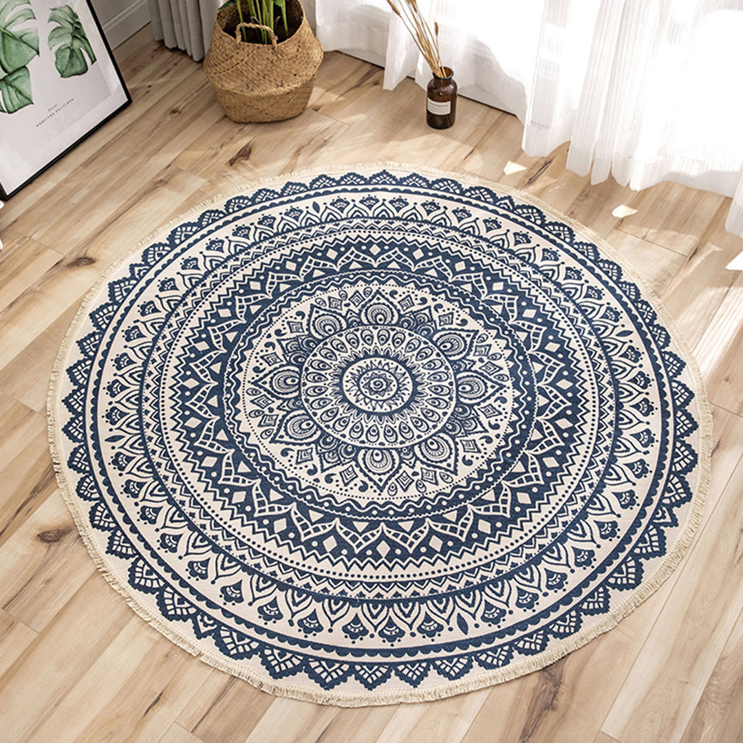 Dark Blue Carpet Soft Linen Bohemian Non-Slip Round Rug