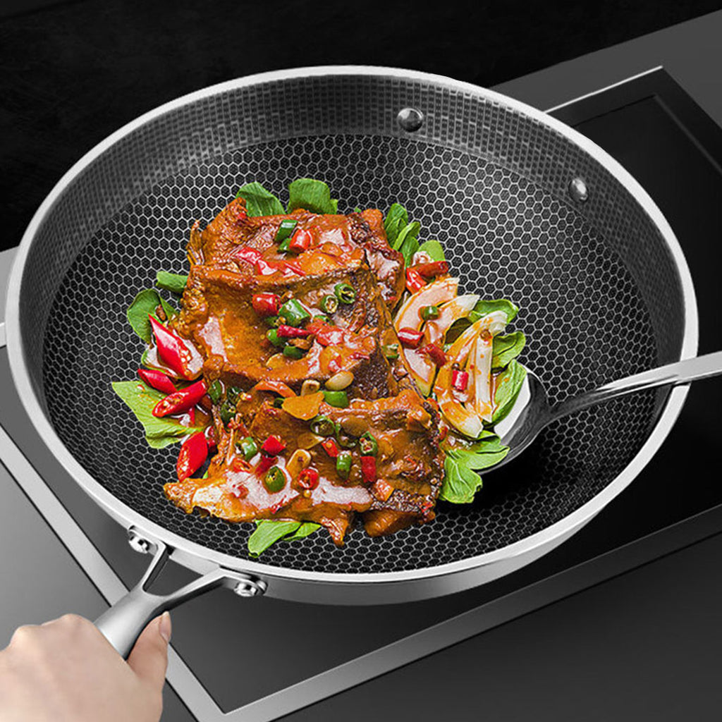 34cm Stainless Steel Frying Pan with Glass Lid and Helper Handle
