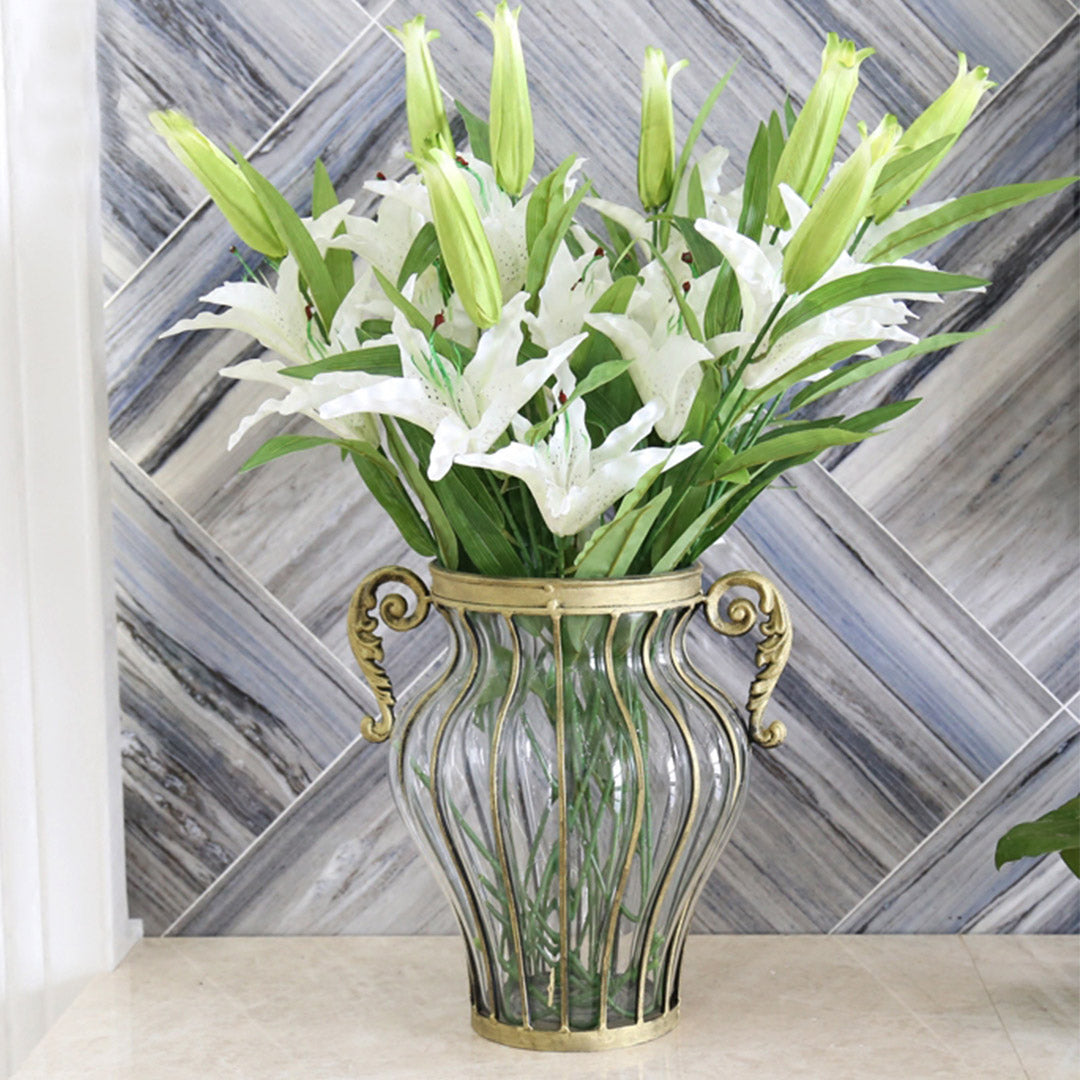 Clear European Glass Flower Vase with Two Metal Handle