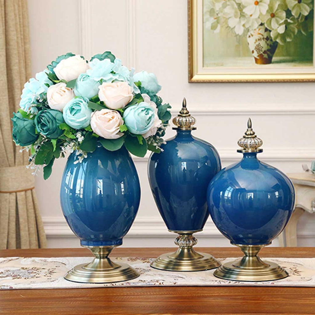 42cm Ceramic Vase with Gold Metal Base Dark Blue