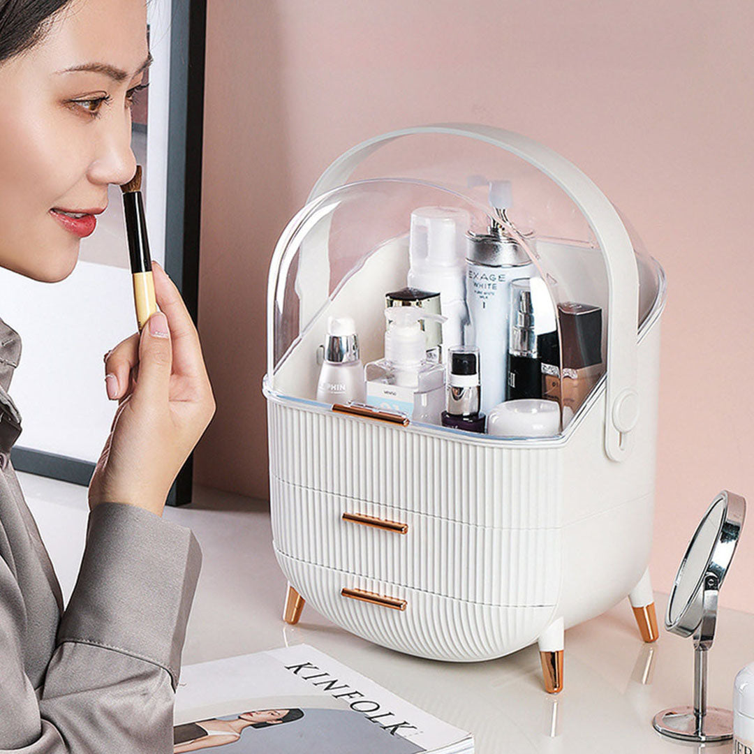 White Cosmetic Jewelry Storage Organiser with Antler LED Tabletop Mirror Set