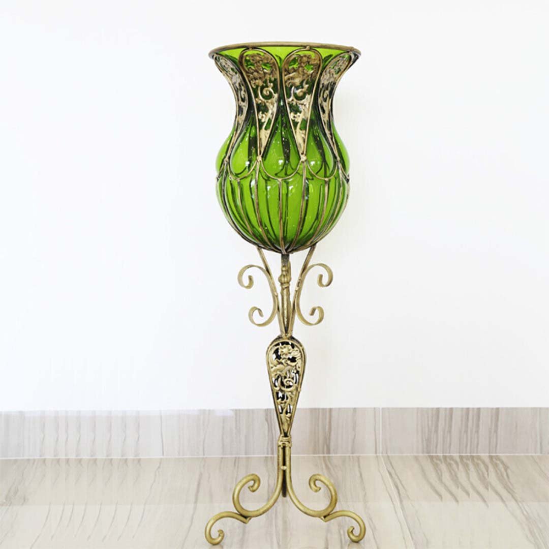 85cm Green Glass Floor Vase with Tall Metal Stand
