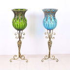 85cm Green Glass Floor Vase and 12pcs Blue Artificial Flower Set