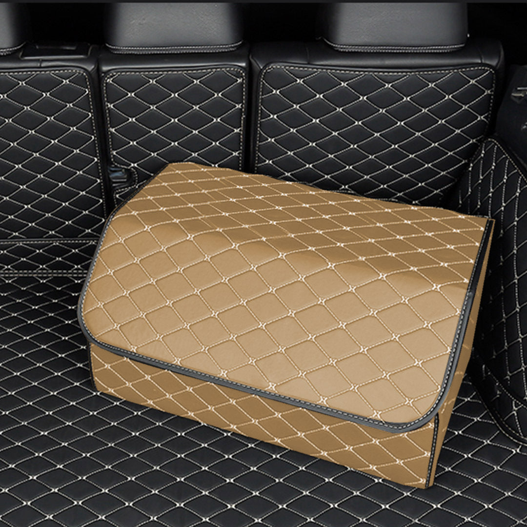 Leather Car Boot Foldable Trunk Cargo Organizer Box Beige/Gold Stitch Large
