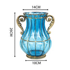 Blue European Glass Flower Vase with Two Metal Handle