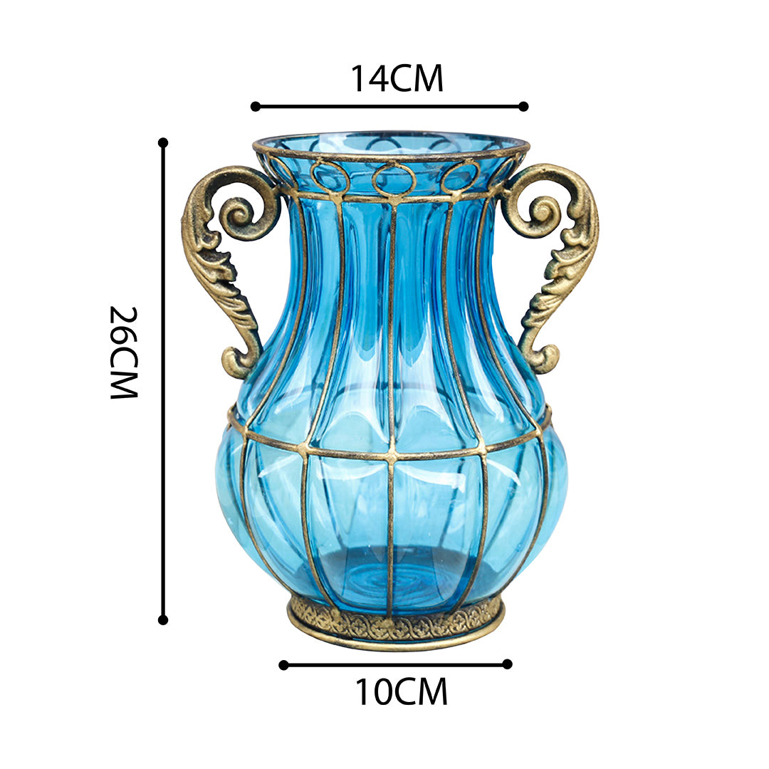Blue European Glass Flower Vase with Two Metal Handle