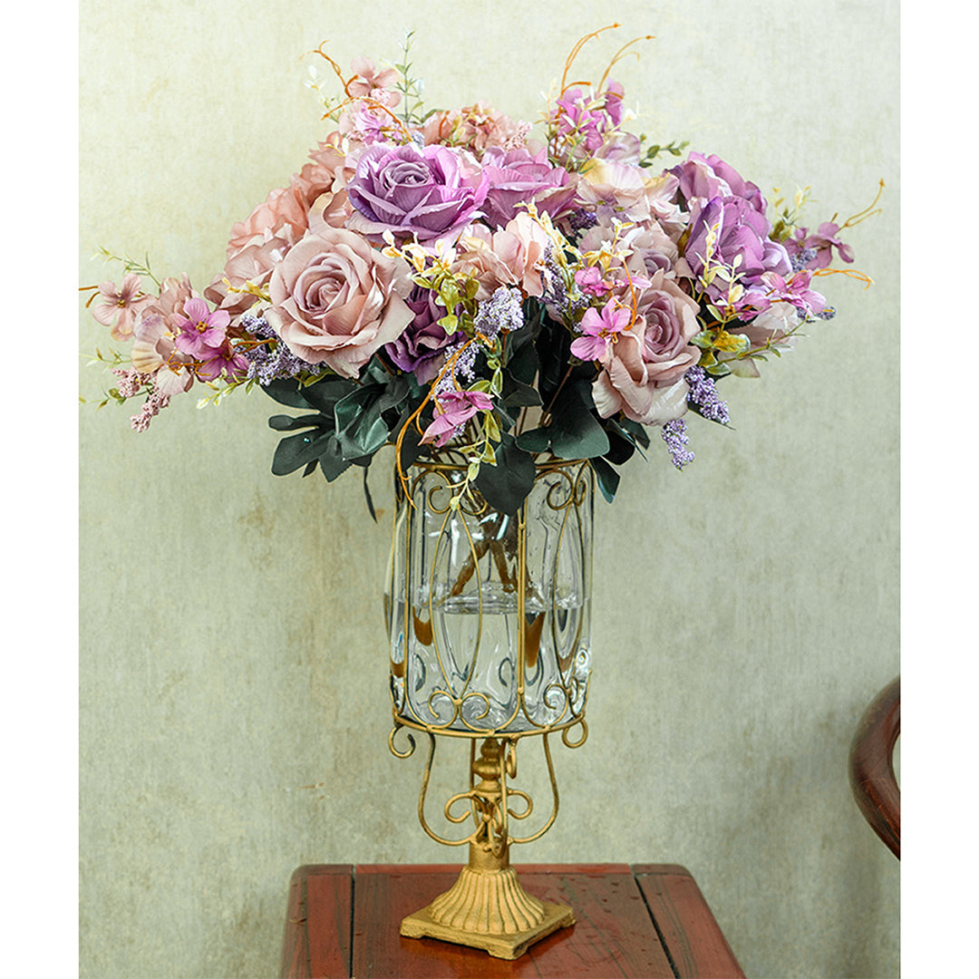 European Clear Glass Flower Vase with Gold Metal Pattern