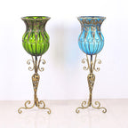 85cm Blue Glass Floor Vase and 12pcs Dark Pink Artificial Flower Set