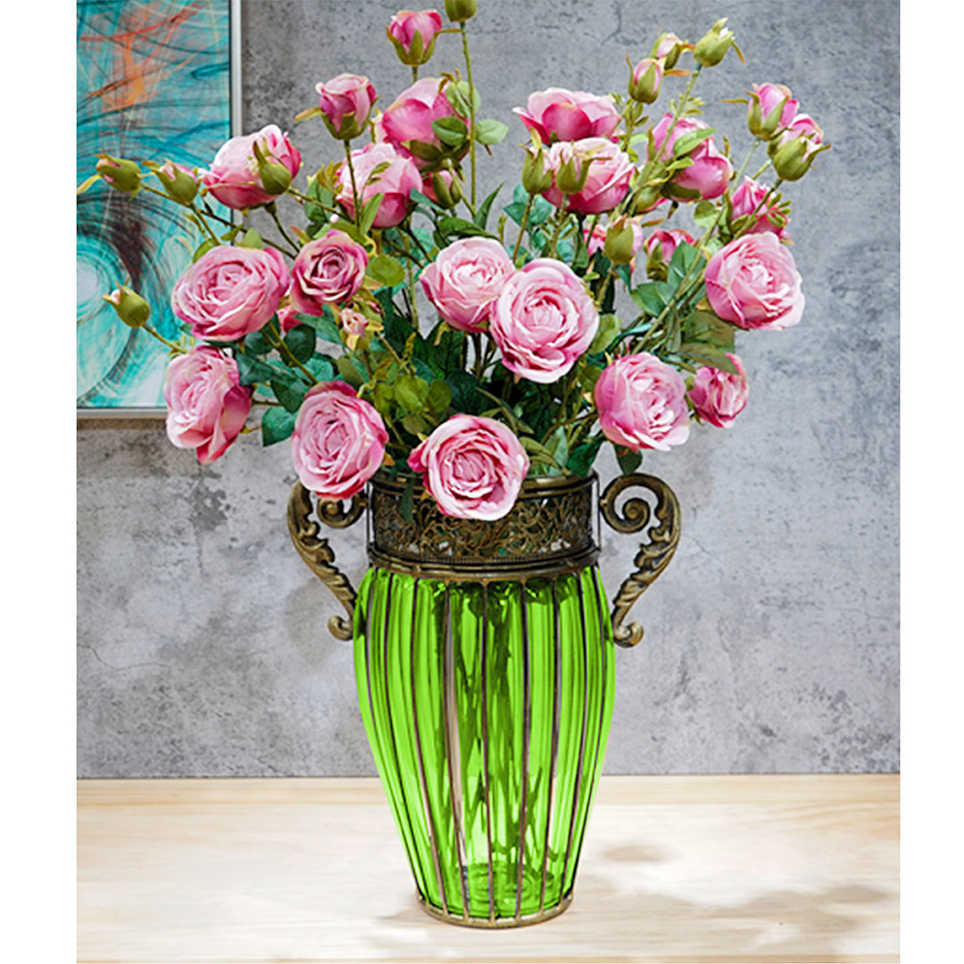 Green European Glass Flower Vase with Two Metal Handle