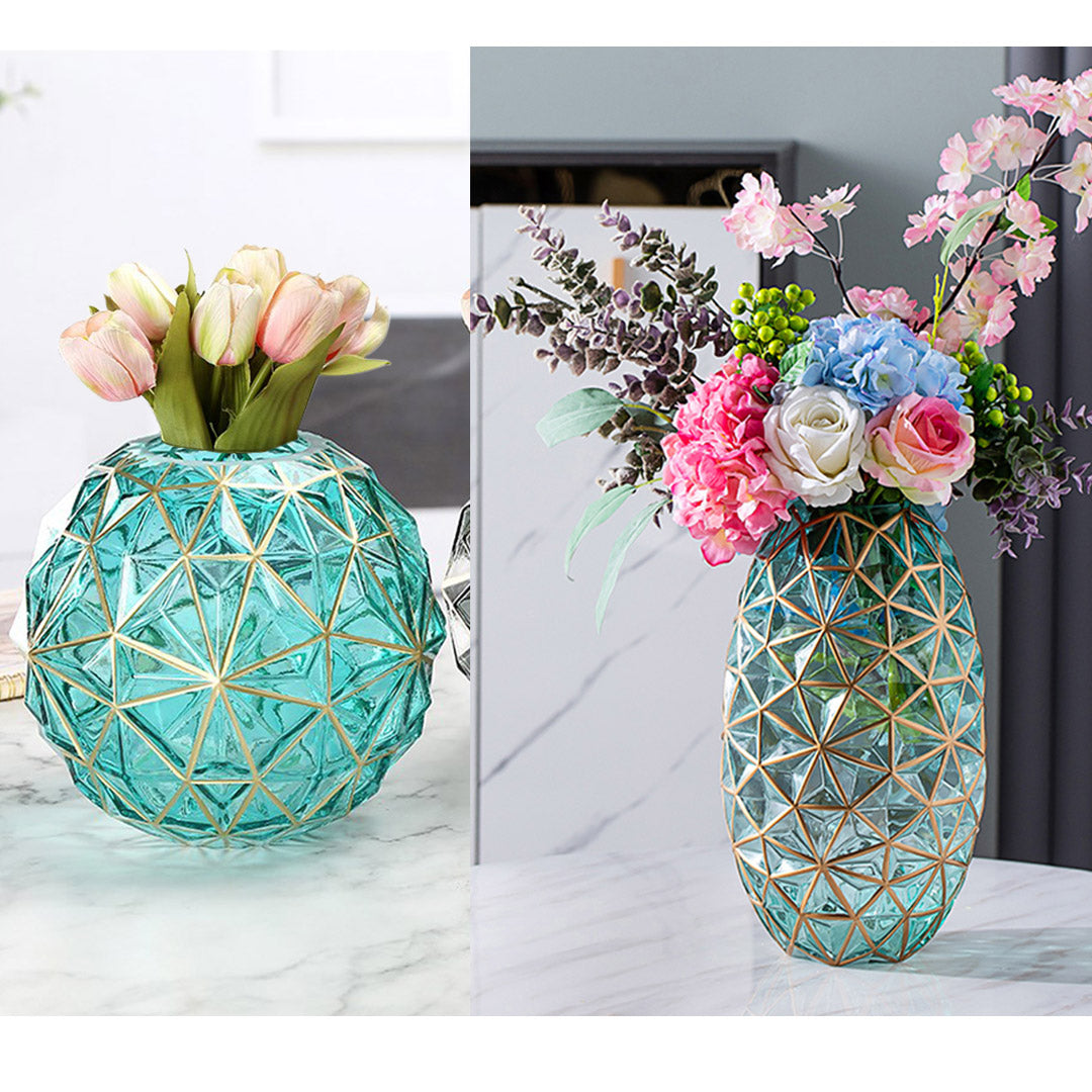Green Diamond Cut Glass Flower Vase with Gold Accent