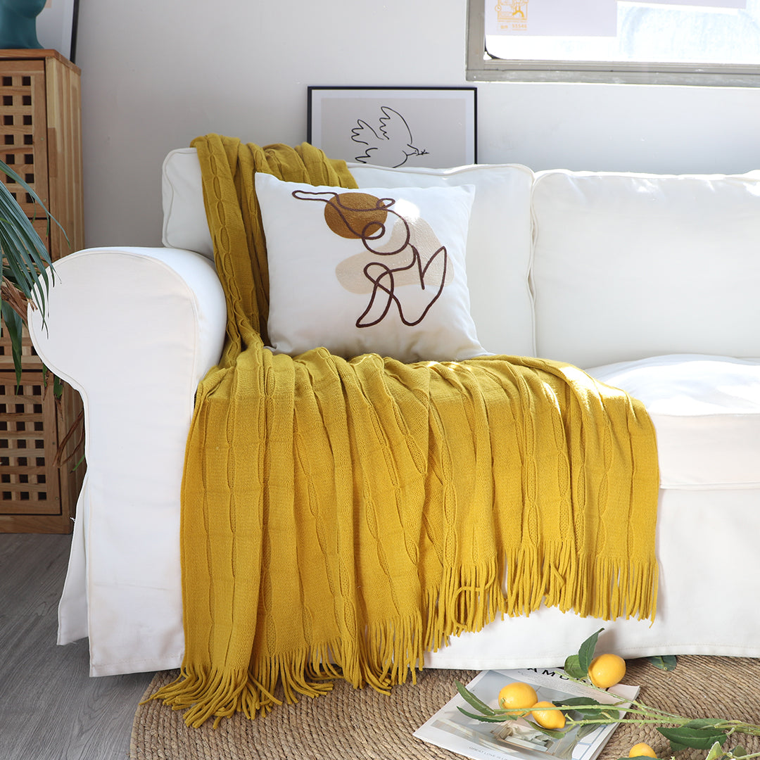 Mustard Textured Knitted Throw Blanket