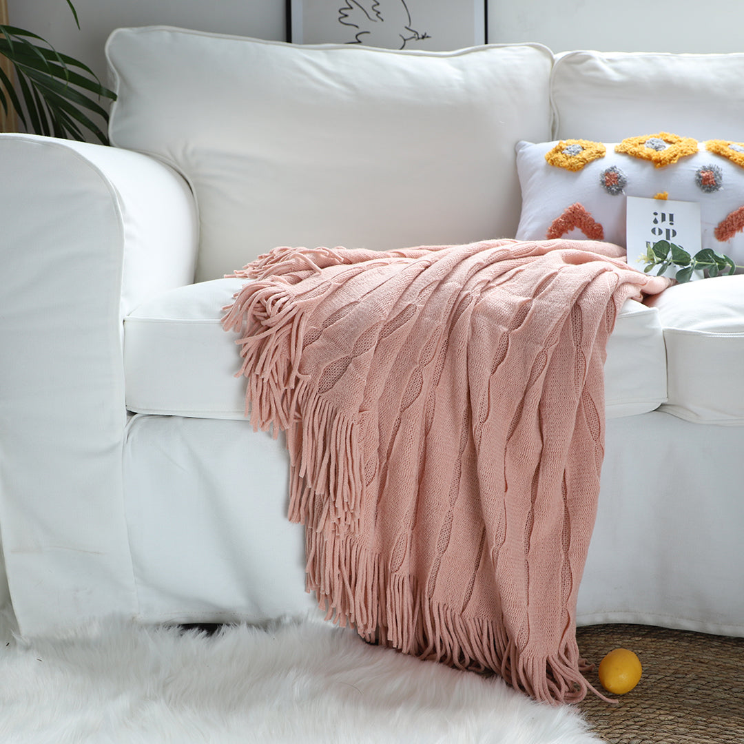 Pink Textured Knitted Throw Blanket