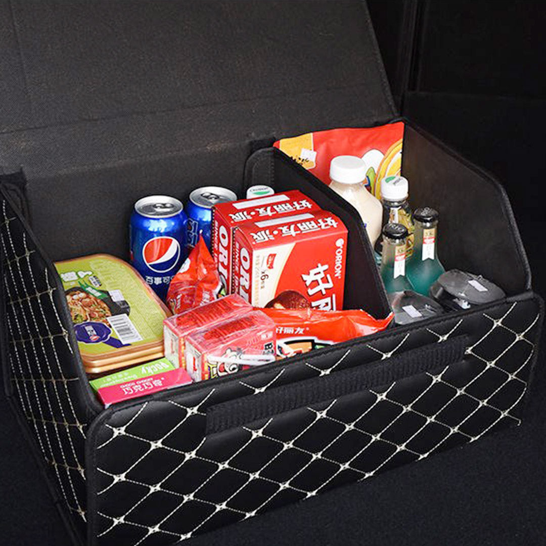 Leather Car Boot Foldable Trunk Cargo Organizer Box Black/Gold Stitch Small