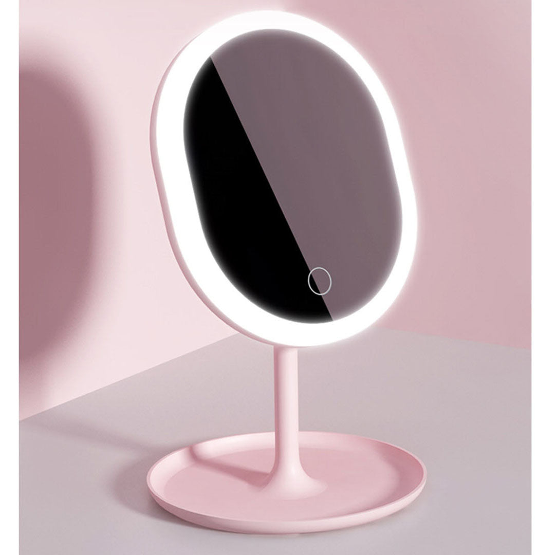 Pink 2 Tier Cosmetic Storage with Brush Lipstick Holder Organiser and LED Light Tabletop Mirror Set
