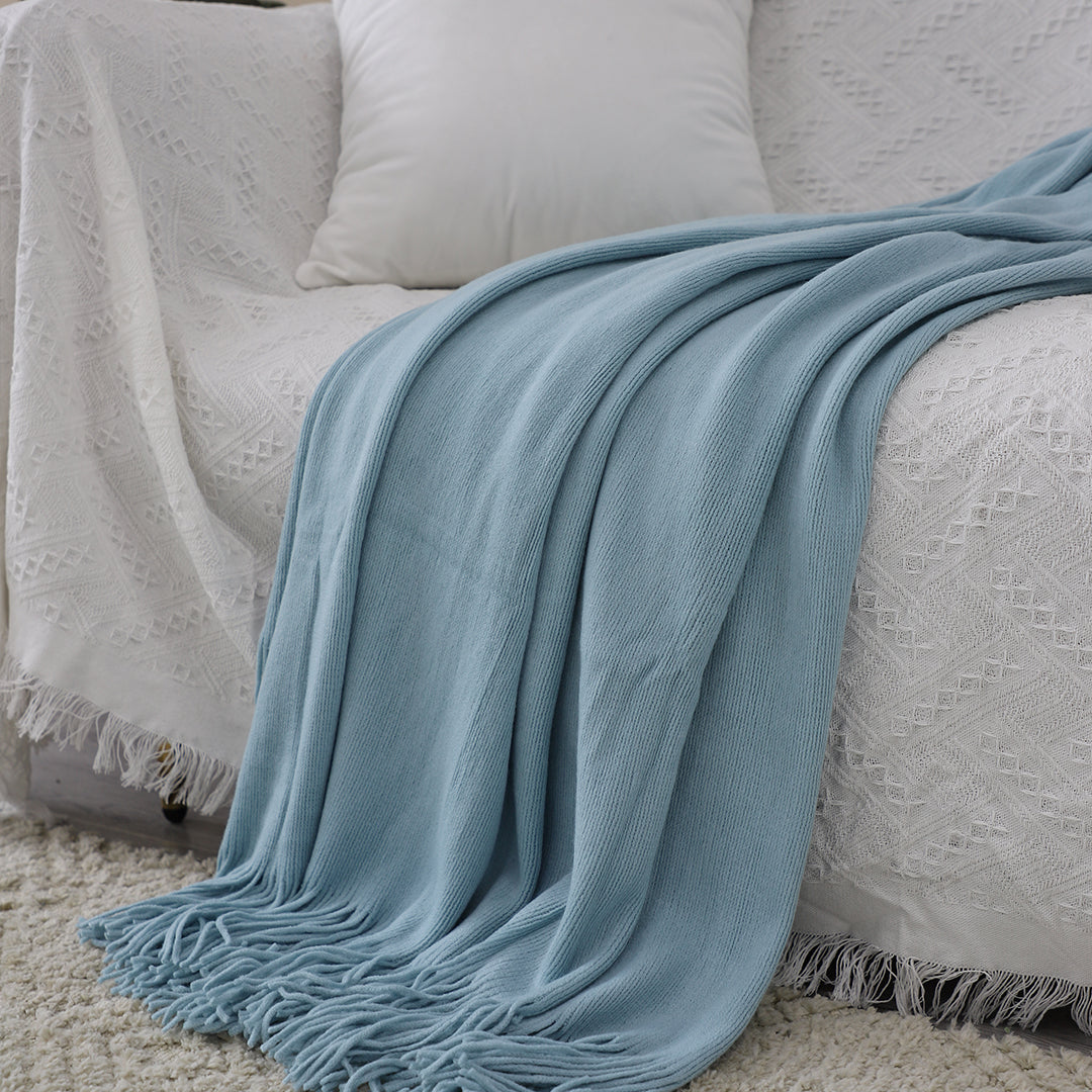 Sky Blue Acrylic Knitted Throw Blanket