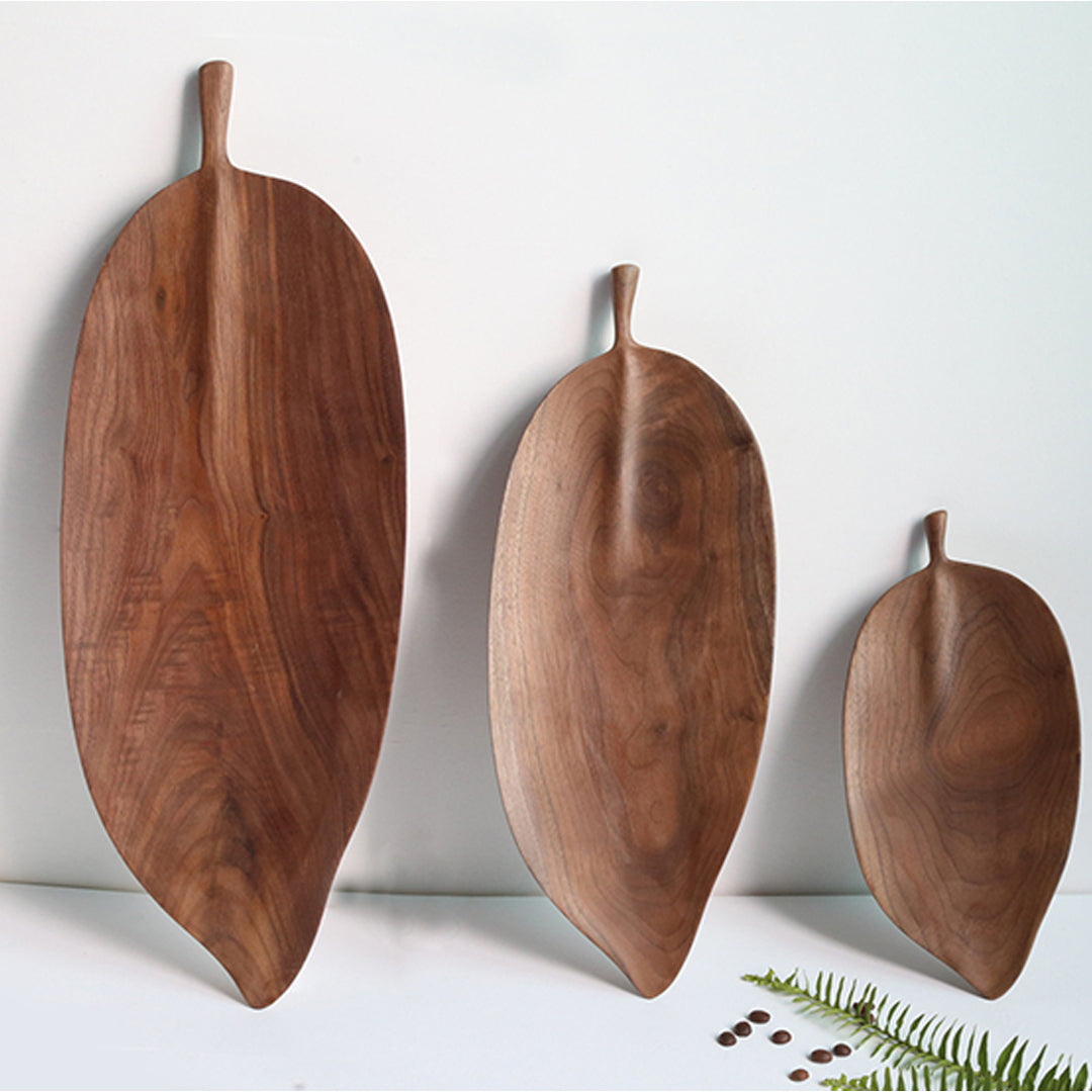 Set of 2 Walnut Leaf Shape Wooden Tray