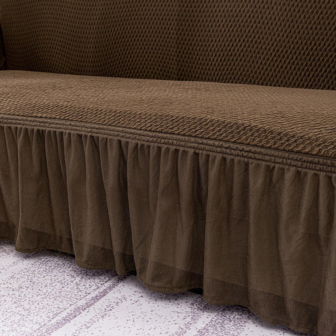 Coffee Colored 4- Seater Sofa Cover with Ruffled Skirt