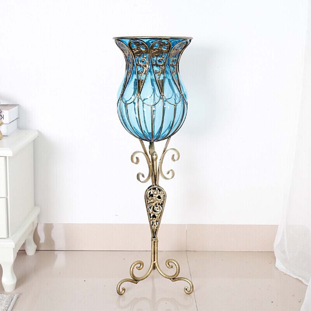85cm Blue Glass Floor Vase with Tall Metal Stand