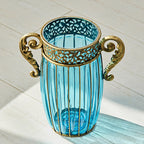 Blue Glass Flower Vase with 4 Bunch 11 Heads Artificial Silk Rose Set