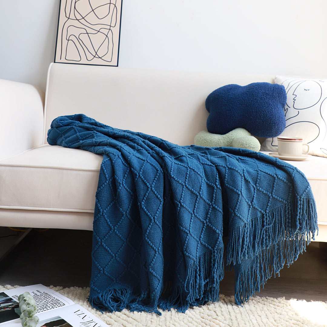 Royal Blue Diamond Pattern Knitted Throw Blanket