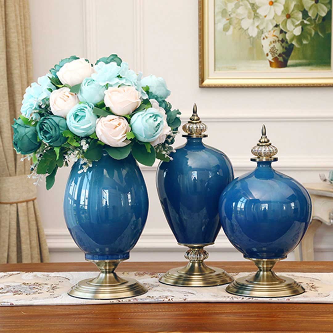 38cm Ceramic Vase with Gold Metal Base Green